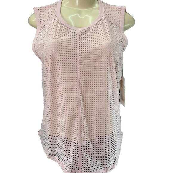 Sage L Pink Rose Sheer Perforated Mesh Crew Neck Wicking Muscle Sleeveless Top - Picture 2 of 7